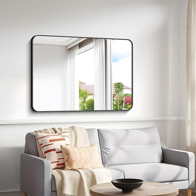 30x40 inch Bathroom Mirror,Black Rectangle Mirror,Wall Mounted Bathroom Frame Vanity Mirror with Round Corner for Bedroom Living Room, Entryway Hangs Horizontal or Vertical