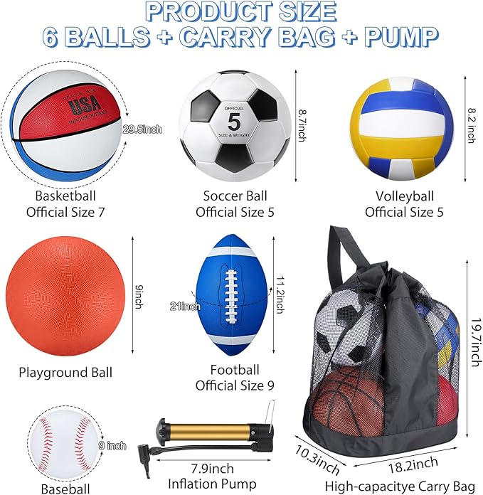 Libima 6 Pcs Multi Sport Ball Set Official Size Football, Basketball, Soccer, Volleyball, Playground Ball, Baseball with Sports Equipment Bag Pump for Teen Adult Christmas School Gift