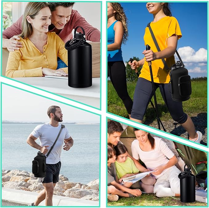 128OZ Insulated Water-Bottles with Strap - 1 Gallon Large Water Jug with Straw & Spout Lid, Stainless Steel Water Bottle Leak Proof, Cold-48h Hot-24h Metal Water Flask w/Paracord Handle, Carrier Bag