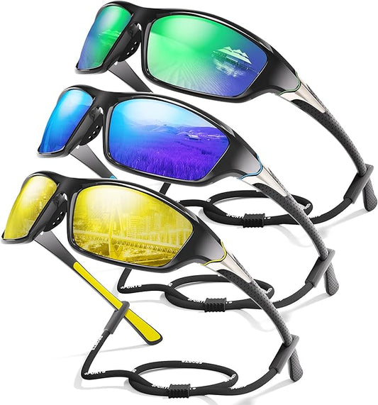 3 Pack Polarized Sports Sunglasses for Men, Mens Sunglasses Wrap Around UV400 Protection for Cycling Fishing Driving