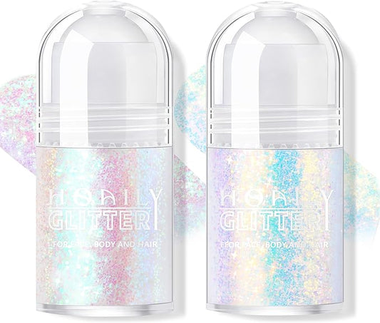 2 Colors Roll-on Body Glitter Gel, Holographic Glitter Gel Under Light for Face Hair, Body Shimmer for Rave Accessories Christmas New Year Halloween Makeup (11+12)