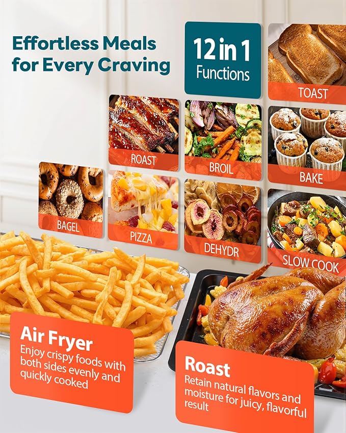 28QT Air Fryer Toaster Oven Combo, Large 12-in-1 Convection Countertop Oven with Next-Gen HeatWave Convection, 3-Layer Cooking, Rotisserie for Chicken, Fits 11" Pizza, Full Accessories, Sparkle Black