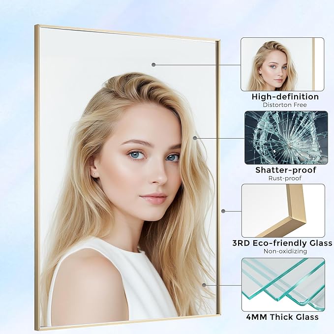 24x30 Inch Brass Bathroom Mirror for Wall, Aluminum Frame Rectangle Rectangular Vanity Mirror, Modern Large for Bedroom, Living Room, Horizontal or Vertical