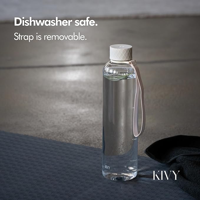 KIVY Slim Water Bottle 32oz [Lightweight & Shatterproof] Fits Backpack & Cupholder for Travel, Sports, School, Gym - Clear water bottle with measurements - Transparent Tritan Beige - Dishwasher Safe