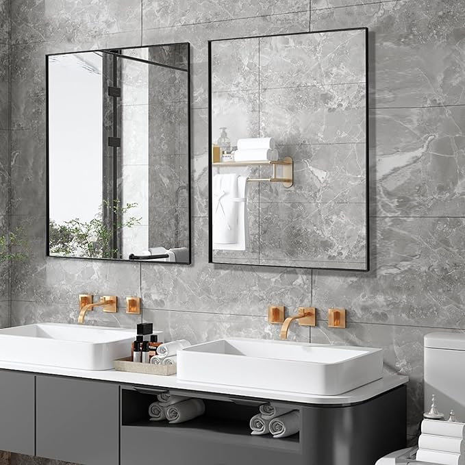 30x40 Inch Black Bathroom Mirror for Wall, Aluminum Frame Rectangle Rectangular Vanity Mirror, Modern Large for Bedroom, Living Room, Horizontal or Vertical
