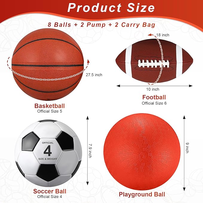 Liliful 8 Pcs Sport Balls Set with Pump Mesh Bag Gifts for Kid Teen Operation Christmas Basketball Soccer Football Playground Ball for Christian Charity Donation Student Team PE Class