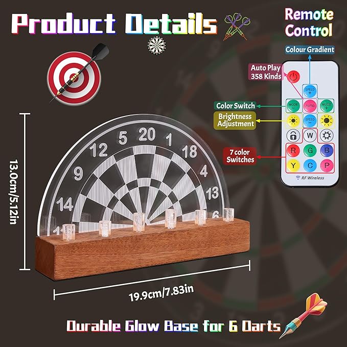 Light Up Dart Stand Wall Mount, Acrylic Wooden LED Dart Holder with Multiple Color Modes with Remote Control Holds 6 Darts, Xmas Birthday Gifts for Darts Enthusiasts