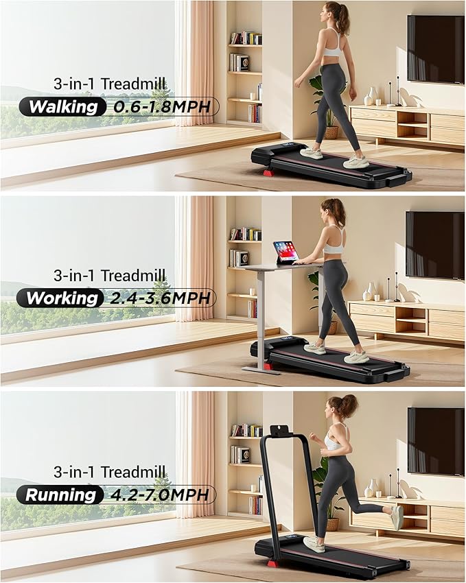 3-in-1 Portable Under Desk Treadmill, 17% Incline Walking Pad Treadmills for Home and Office, Folding Treadmill with 2.5 HP Quiet Brushless, 300 LBS Capacity