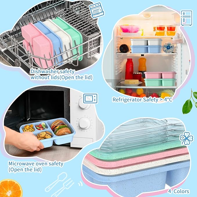 Large Capacity Bento Box for Adults, 4-Piece Set – Stackable Lunch Box with 4 Compartments, Microwave & Dishwasher Safe, Reusable Meal Prep Containers, Snack Containers for Kids & Adults (4 Colors)