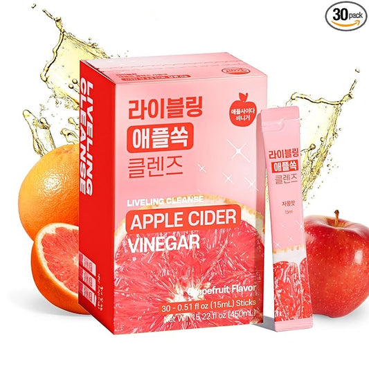 LIVELING] Apple Cider Vinegar Liquid Stick l Grapefruit Flavor, Natural Cleanse with Premium Nutritional Ingredients, pH Balance, Zero Sugar, Easy Cut & Easy Mix (30 Sticks)