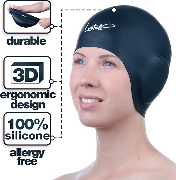 3D Swim Caps - Ear Protection Swimming Cap for Women & Men - Silicone, Waterproof - Fits Long & Short Hair - Adult & Youth