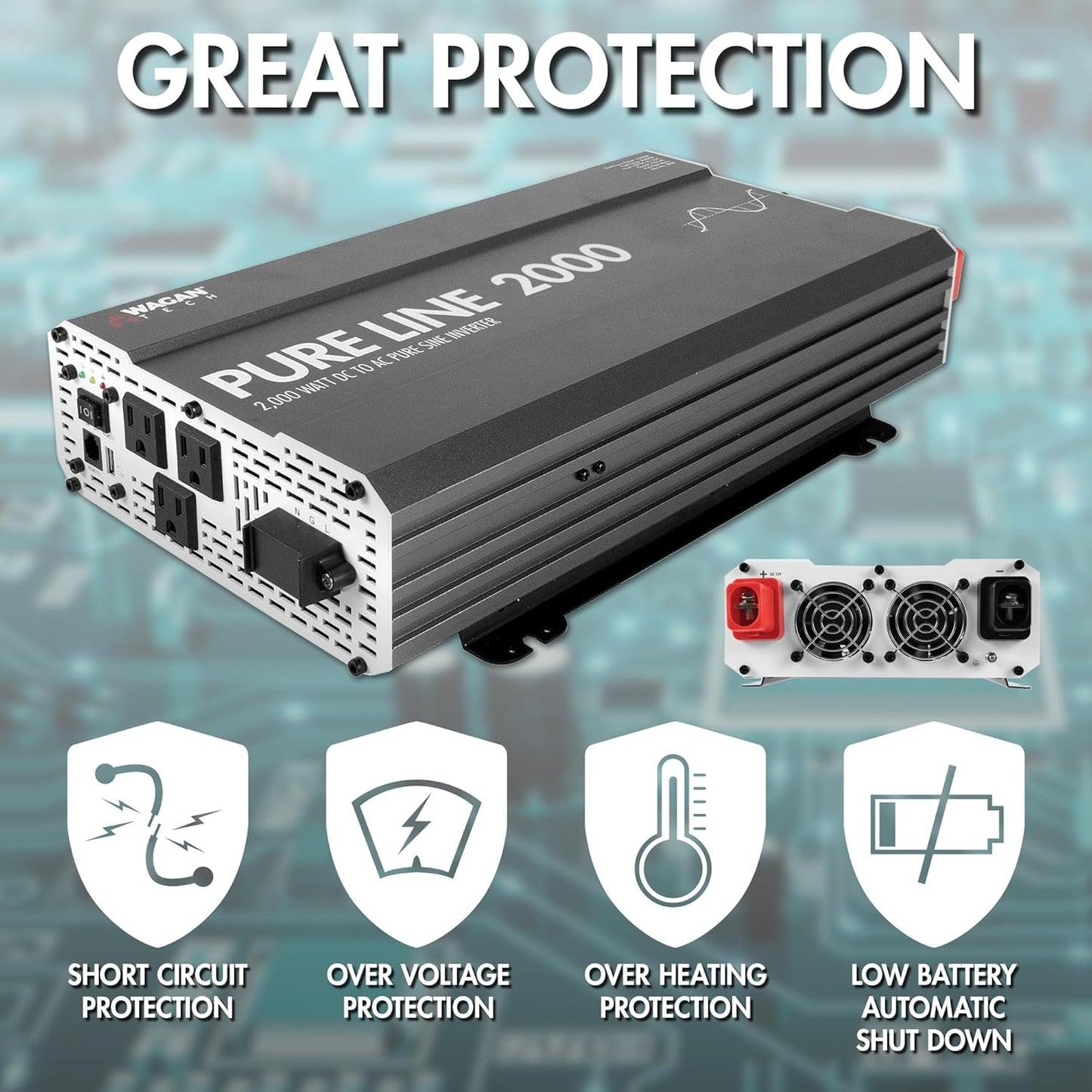 Wagan EL3808 Pure Line Power Inverter 2000 Watt DC 12V to 110V AC Car Pure Sine Wave Power Inverter for Home RV Camping Van Life Off Grid ETL Certified