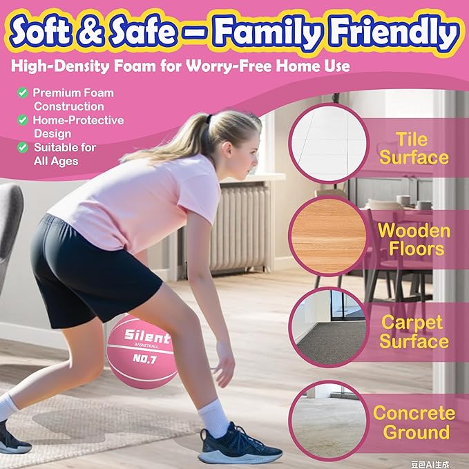 2025 Upgraded Silent Basketball Size 7 - Indoor Noiseless Airless Foam Basketball, Quiet Dribble Dream Training Ball with Soft Soundless Bounce-Pink
