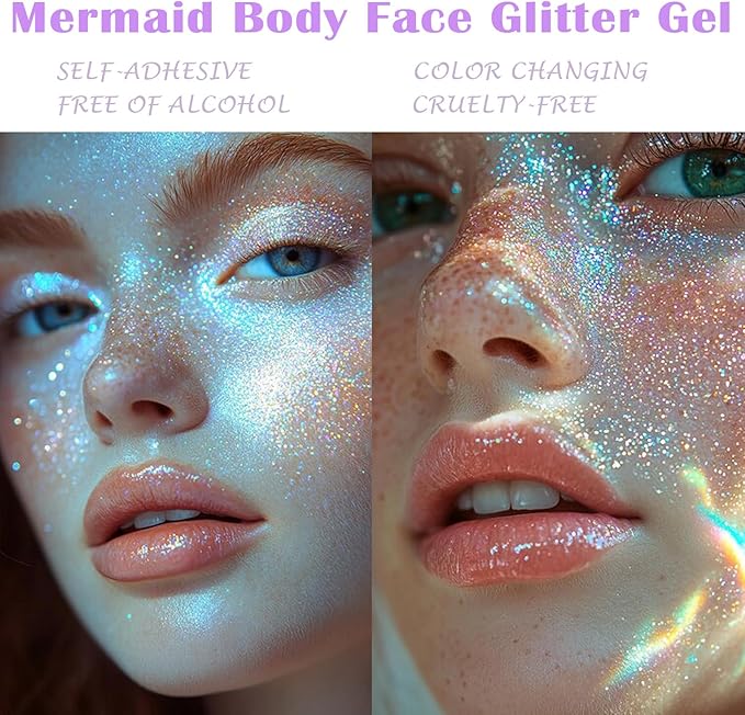 Light Purple Face Glitter Gel,Mermaid Body Glitter Gel,Singer Concerts Music Festival Rave Accessories,Self-Adhesive Sequins Glitter Body Hair Makeup,Sparkling Chunky for Women(Purple),53ML