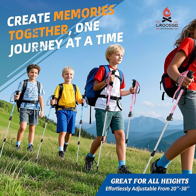 Lightweight Collapsible Kids Hiking Poles - Retractable Kids Hiking Stick, Telescoping Aluminum Trekking Poles 2 Pack, Adjustable Kids Ski Poles by Croosse