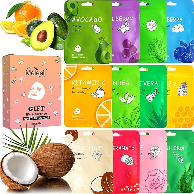 12 Pack Collagen Face Masks Skincare Bulk,Hydrating Spa Face Mask for Sensitive Skin,Sheet Mask for Skin Care, Facial Mask Sets Gifts for Women/Teen Girls/Kids