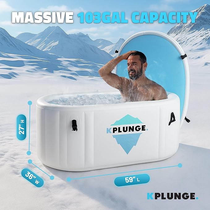 Kodiak 59" 1-Person Inflatable Cold Plunge Ice Bath Tub or Hot Tub with PVC Insulated Lid, Hand Pump, Repair Kit, 110-Gallon Capacity – Chiller Compatible Indoor/Outdoor Tub – Gray