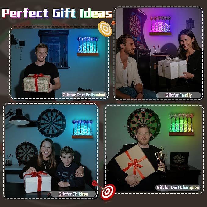 Light Up Dart Stand Wall Mount, Acrylic Wooden LED Dart Holder with Multiple Color Modes with Remote Control Holds 6 Darts, Xmas Birthday Gifts for Darts Enthusiasts
