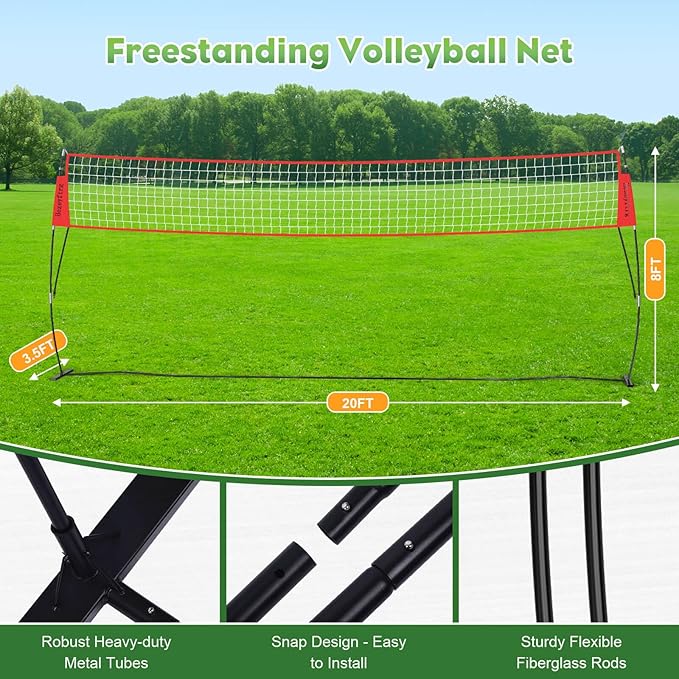 20FT/12FT Freestanding Volleyball Training Net, 5 Height Adjustable Portable Volleyball Net System, Quick Setup Practice Set for Indoor or Outdoor Use