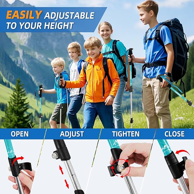 Lightweight Collapsible Kids Hiking Poles - Retractable Kids Hiking Stick, Telescoping Aluminum Trekking Poles 2 Pack, Adjustable Kids Ski Poles by Croosse