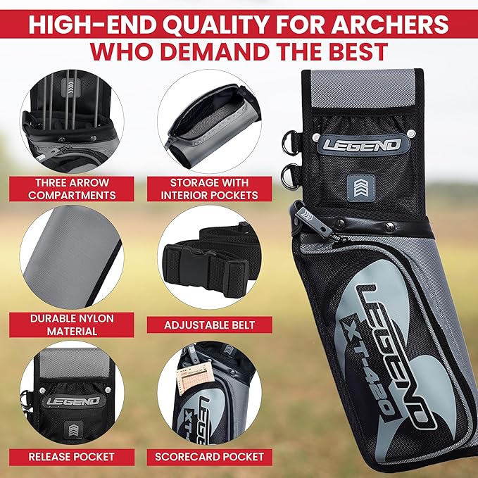 Legend XT420 Field Quiver - Left or Right-Handed Quiver Arrow Holder, Archery Quiver with 3 Arrow Tube, Durable Nylon Hip Quivers with Multiple Pockets for Archery Accessories, Score Card & Tools