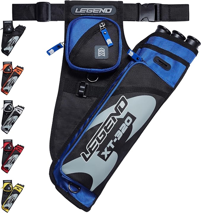 LEGEND XT320 Archery Quivers - Nylon Hip Quivers with 3 Arrow Tube Cases for Target Shooting - Adjustable Waist Belt, T-Slot, Storage Compartments for Accessories, Gear, Tools, Release Tab, Score Card