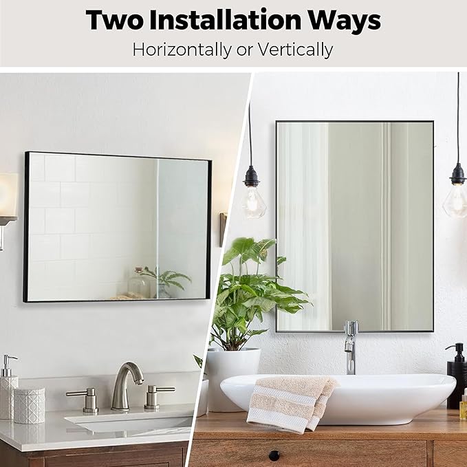 27x36 Inch Black Bathroom Mirror for Wall, Aluminum Frame Rectangle Rectangular Vanity Mirror, Modern Large for Bedroom, Living Room, Horizontal or Vertical