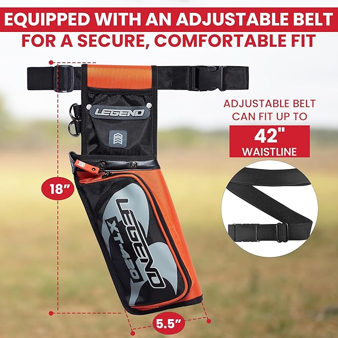 Legend XT420 Field Quiver - Left or Right-Handed Quiver Arrow Holder, Archery Quiver with 3 Arrow Tube, Durable Nylon Hip Quivers with Multiple Pockets for Archery Accessories, Score Card & Tools