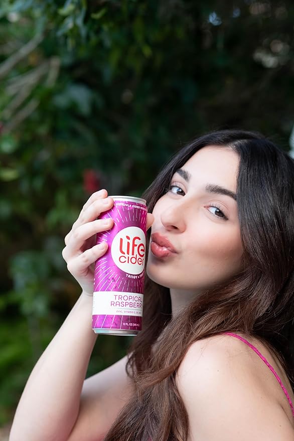 Life Cider | 12 Pack (12 Fl Oz) | Tropical Raspberry | Sparkling Apple Cider Vinegar Beverage | Digestive Health & Immunity Benefits | Low Calorie & Low Carb Drinks | Vitamins C, D3, Zinc, B12