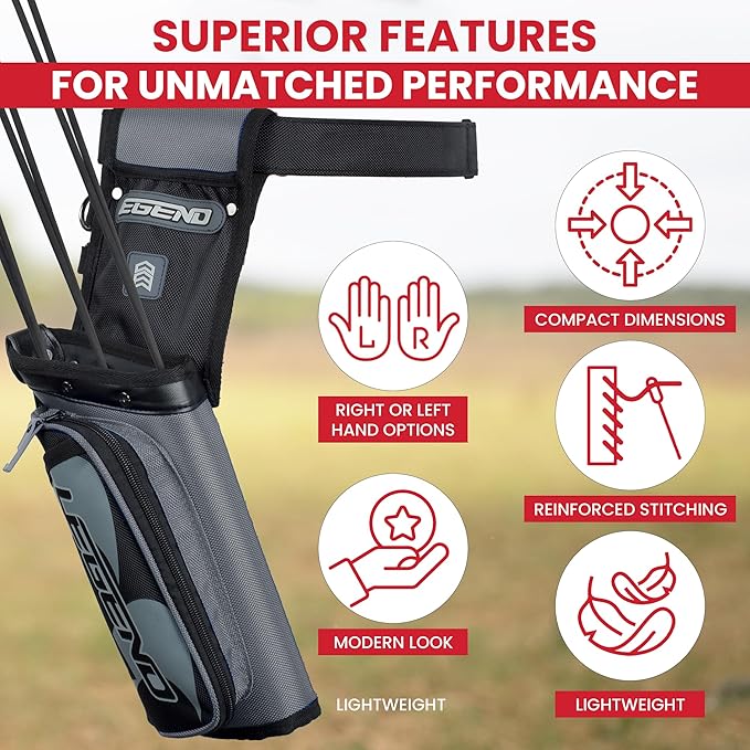 Legend XT420 Field Quiver - Left or Right-Handed Quiver Arrow Holder, Archery Quiver with 3 Arrow Tube, Durable Nylon Hip Quivers with Multiple Pockets for Archery Accessories, Score Card & Tools
