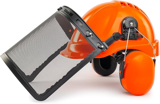 LANON Industrial Forestry Safety Helmet Protection System, ANSI Approved Chainsaw Hard Hats with Adjustable Ear Muffs & Face Shield Visor, 6 Point Adjustable Ratchet Suspension, Class C, Orange