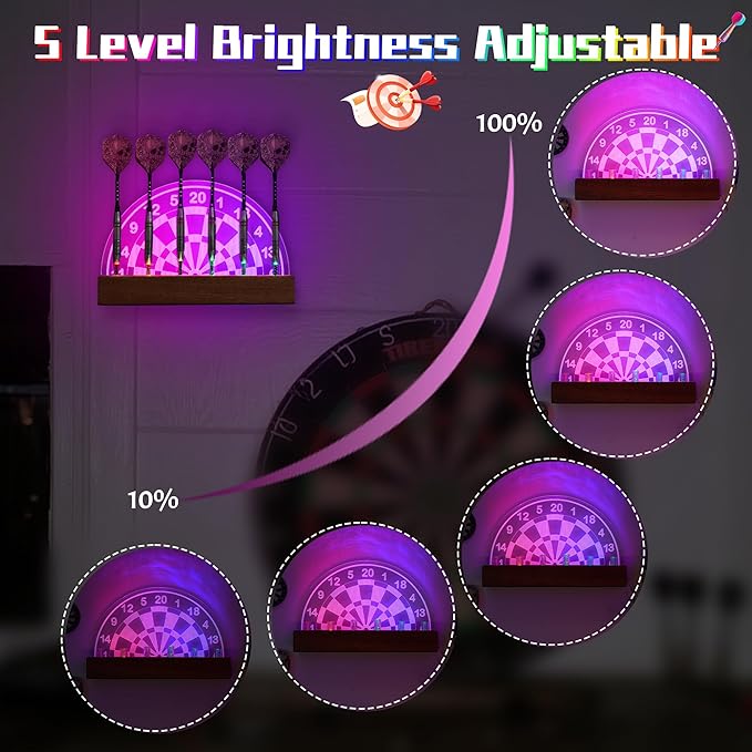 Light Up Dart Stand Wall Mount, Acrylic Wooden LED Dart Holder with Multiple Color Modes with Remote Control Holds 6 Darts, Xmas Birthday Gifts for Darts Enthusiasts