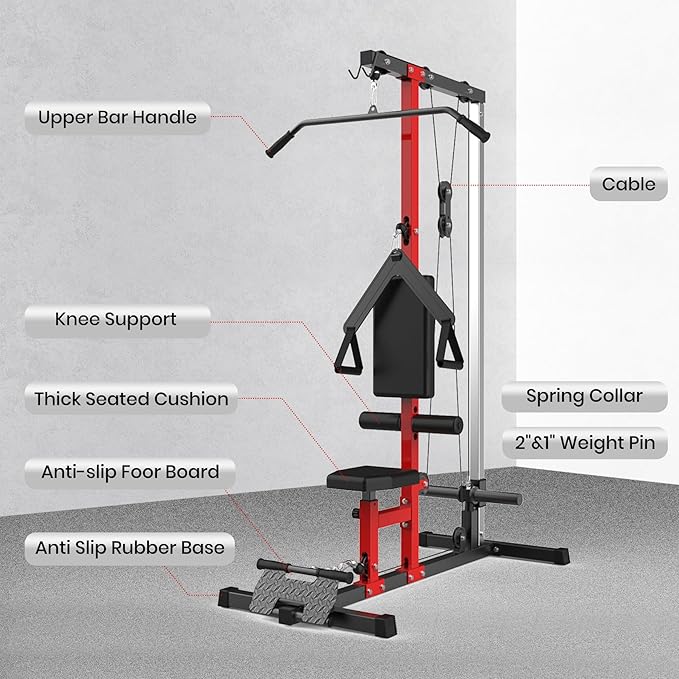 LAT Pulldown Machine, Multi-Functional Cable Machine with High and Low Pulley Station, Row Cable Machine Home Gym with Leg Support, Tricep Workout Equipment