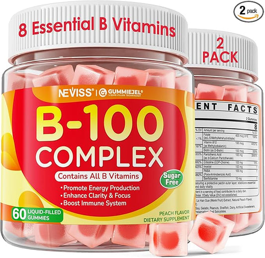 2 Pack Vitamin B Complex Gummies for Women & Men, All B Vitamins - Methyl B12, MTHF Folate, B1, B2, B3, B5, B6, Biotin w/ Vitamin C, Choline, Inositol, PABA for Energy, Brain & Immunity, Sugar Free
