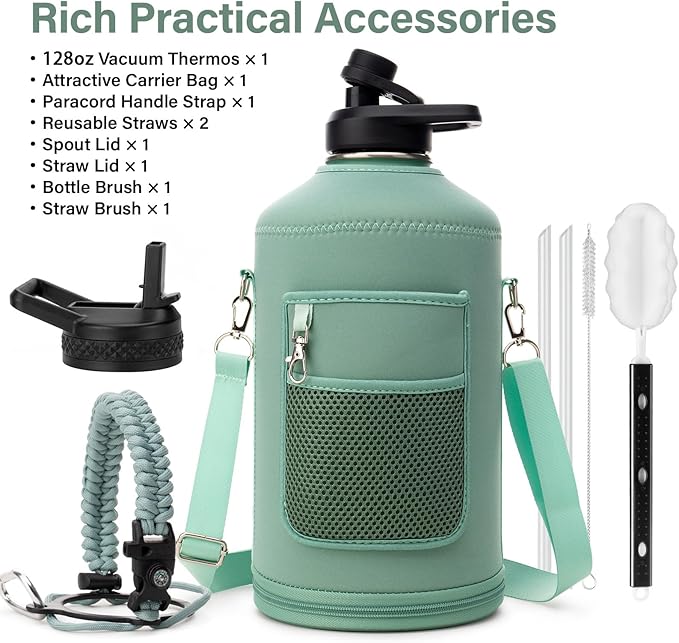 1 Gallon Water Bottle Insulated | Thickened Stainless Steel Vacuum Metal Water Jug | Portable Sports Large for Gym and Hiking with Straw, Carrier Bag, Handle Strap | BPA-Free 128 oz