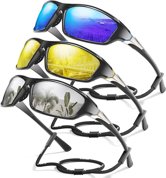3 Pack Polarized Sports Sunglasses for Men, Mens Sunglasses Wrap Around UV400 Protection for Cycling Fishing Driving