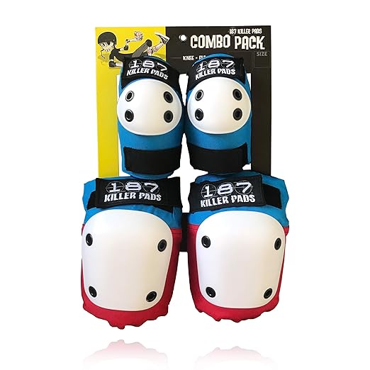 187 Killer Pads Knee Pads, Elbow Pads Combo Pack, Red/White/Blue, Small/Medium