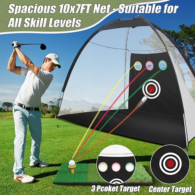 10x7FT Golf Practice Net for Backyard Indoor Outdoor Training, Golf Hitting Net with 3-Color Turf Mat, 5 Golf Balls and Tee, Perfect for Driving, Chipping and Swing Practice