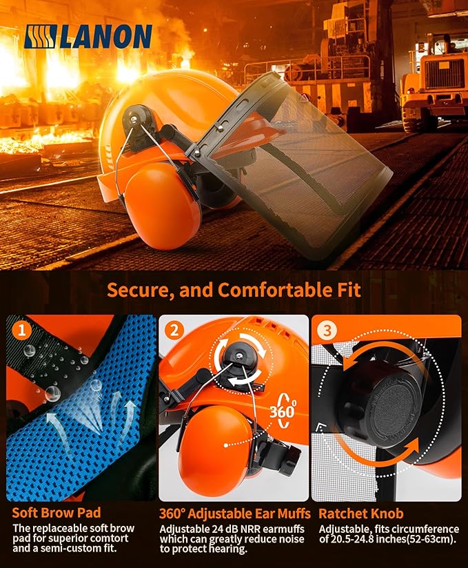 LANON Industrial Forestry Safety Helmet Protection System, ANSI Approved Chainsaw Hard Hats with Adjustable Ear Muffs & Face Shield Visor, 6 Point Adjustable Ratchet Suspension, Class C, Orange