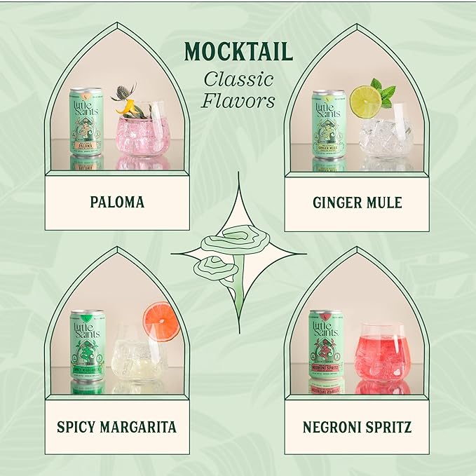 Little Saints Non-Alcoholic Drinks Variety Pack - Sugar Free & Zero Proof Mocktails Include Ginger Mule, Negroni Spritz, Spicy Margarita & Paloma - Ready-to-Drink Beverage for Parties & Celebrations (8oz, 12 pk)