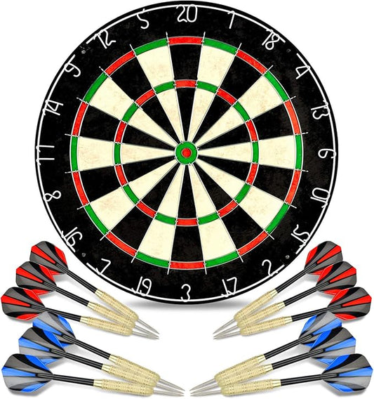 LinkVisions Dartboard with Staple-Free Bullseye, 18g Steel Tip Darts Set,12 Steel Tip Darts 18g, Dartboard Mounting Kits Included