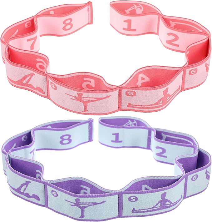 2 Pcs Yoga Stretching Strap Elastic Strap with Loops for Physical Multi-Loops Adjustable Exercise Bands Therapy Dance Yoga Pilates Gymnastics Flexible Pilates Stretch Band for Women Men