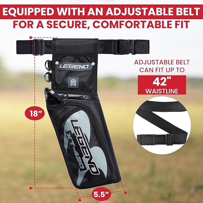 Legend XT420 Field Quiver - Left or Right-Handed Quiver Arrow Holder, Archery Quiver with 3 Arrow Tube, Durable Nylon Hip Quivers with Multiple Pockets for Archery Accessories, Score Card & Tools