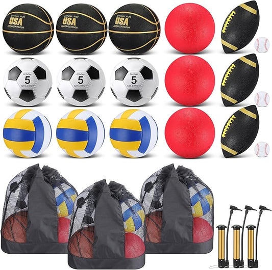Leyndo 18 Pcs Sport Balls Bulk Set Basketball Football Volleyball Soccer Playground Baseball with Sport Equipment Bag Pump for Youth Adults Outdoor Indoor Practice Gift Back to School