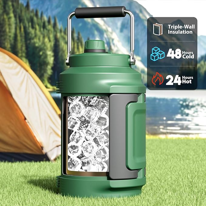1 Gallon Insulated Water Bottle for Hiking: Meoky 128 oz Triple Wall Vacuum Stainless Steel Metal Water Jug - Top and Side Handles, Cold for 48 Hrs, 2-in-1 Straw and Spout Lid, Leakproof for Gym (Fir)