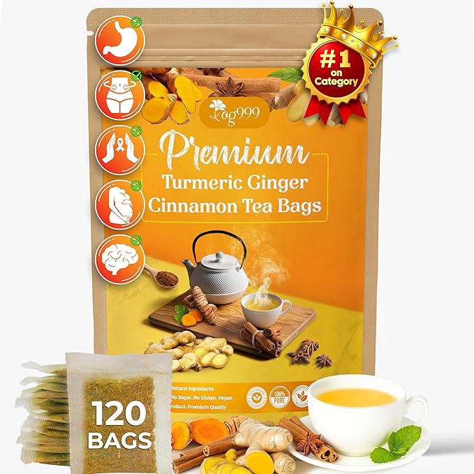 120 Bags Premium Turmeric Ginger Cinnamon Tea, Improve Digestion, Support Brain, Weight, Skin and Sleep, Eco-Conscious Tea Bags and Premium Natural Ingredients. Turmeric Ginger Herbal Tea. No Sugar, No Caffeine, No Gluten, Vegan.