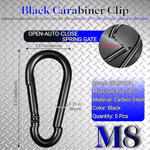 3" Heavy Duty Spring Snap Hook Carabiners, M8 5/16" Galvanized Steel Black Carabiner Clip, Quick Link Keychain for Hammock Swing Set Outdoor Travel Camping Fishing Hiking（5 Pack）