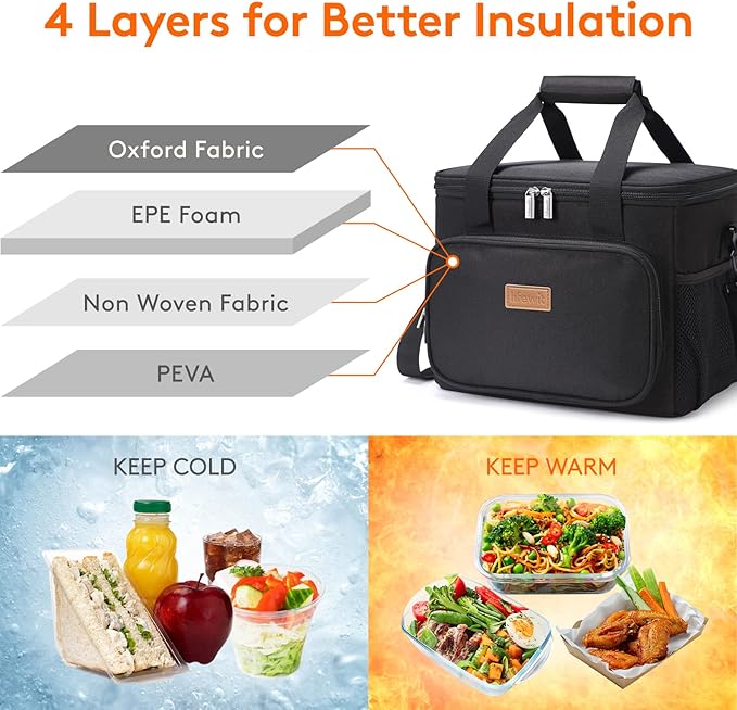 Lifewit Large Lunch Bag Insulated Lunch Box Soft Cooler Cooling Tote for Adult Men Women, Black 24-Can (15L)