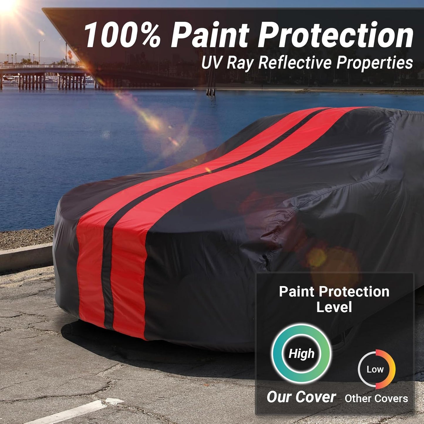 iCarCover Custom Car Cover Compatible with Camaro 1967-1969, Waterproof All Weather Rain Snow UV Sun Protector Full Exterior Indoor Outdoor Car Covers, Stripe (Black/Red)