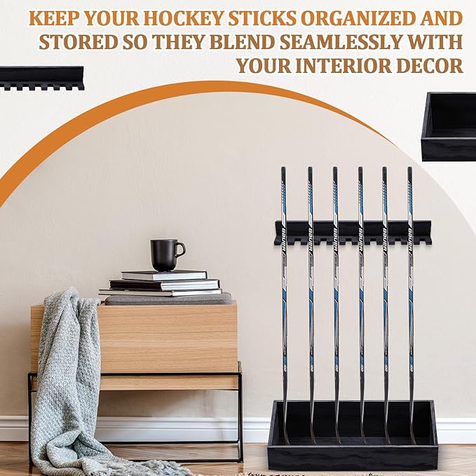 Leinuosen Hockey Stick Holder Wall Mounted and Vertical 2 in 1 Wooden Ice Hockey Rack Organizer Storage and Display Large Capacity Organizer Holds up to Sticks for Player Gifts